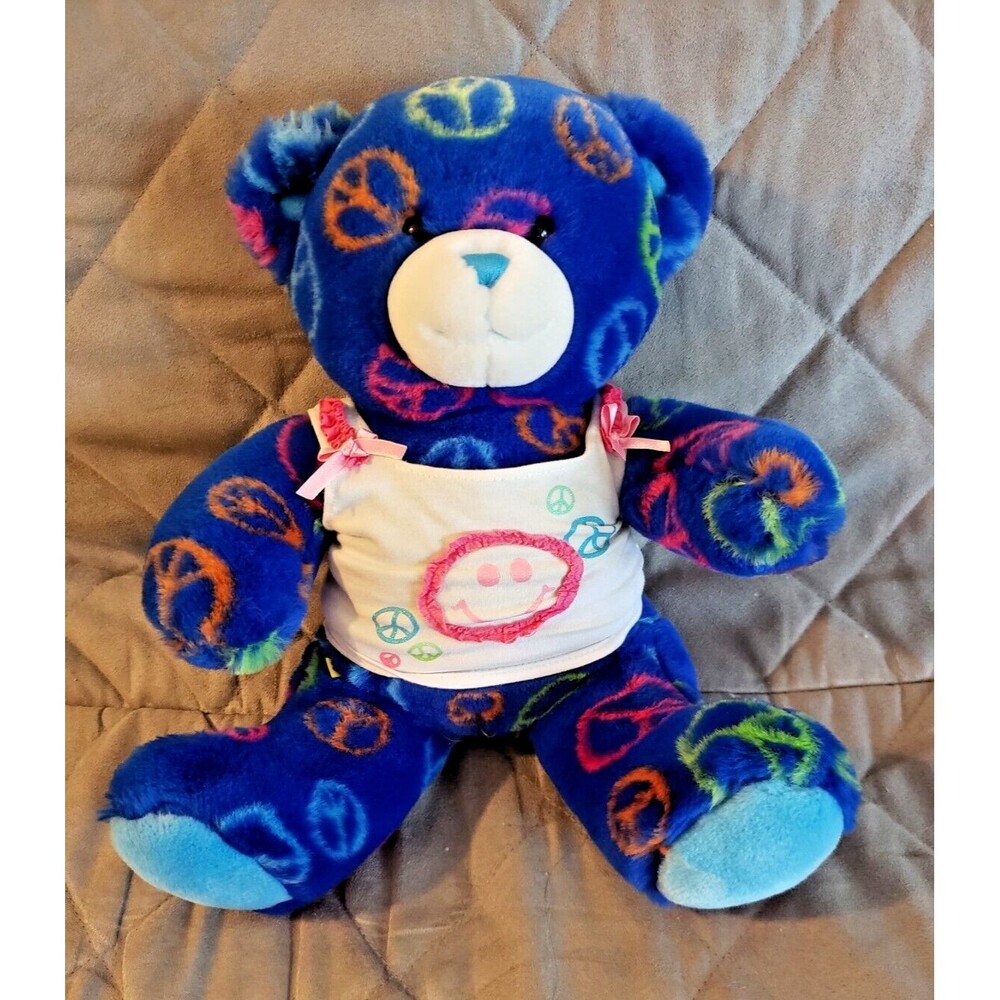 Build A Bear Peace Sign Bear Blue Teddy  w/shirt Plush Love Hippie Groovy Toy